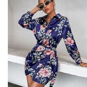 ❤️Floral Print Wrap Knot Side Hem Shirt Dress